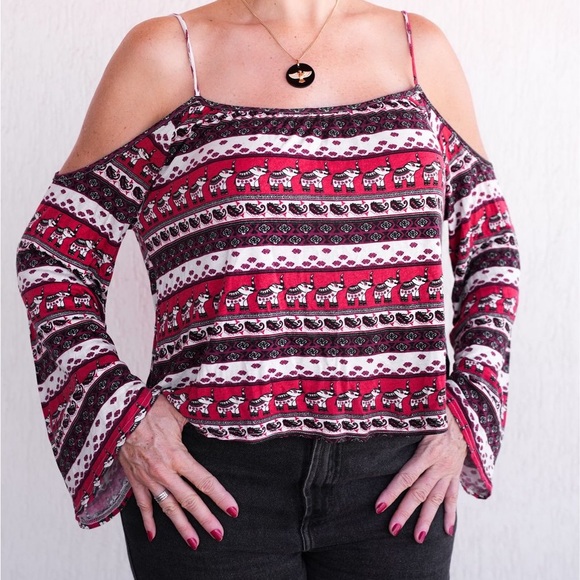 {H&M} Cold Shoulder, Boho, Elephant Print Long Sleeve Top - Picture 1 of 7
